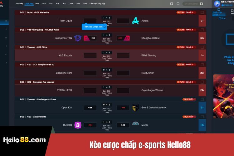 Kèo cược chấp e-sports Hello88