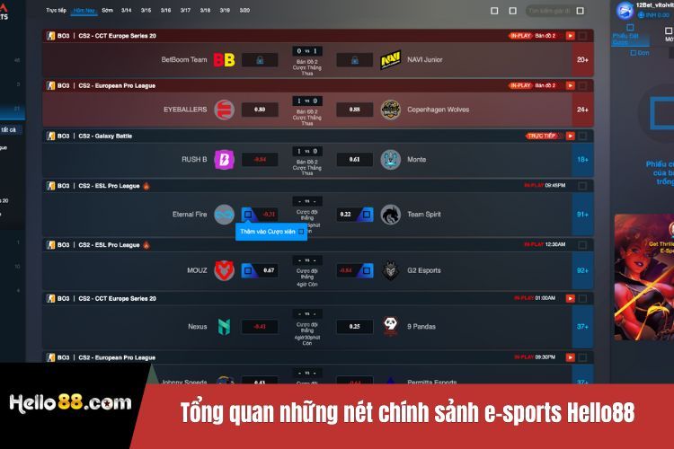 Tổng quan những nét chính sảnh e-sports Hello88